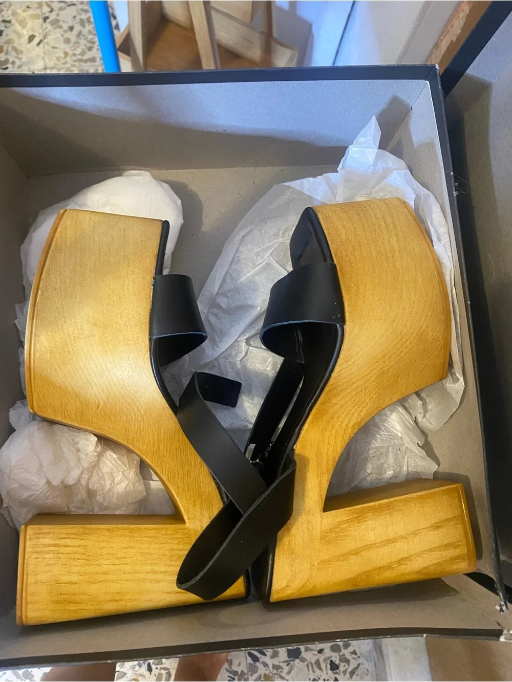 Black Leather Strap Platform Sandals with Wood-Look Heel